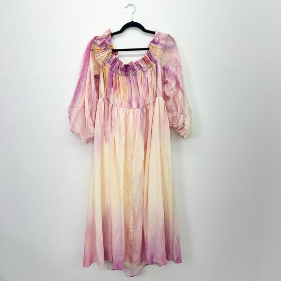 Eloquii Women’s Off The Shoulder Ruffle Pink Purple Yellow Peach Watercolor Dres - Picture 3 of 12